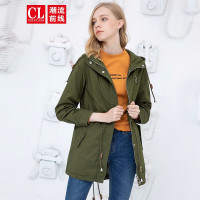 潮流前线2019秋装休闲简约纯色系带夹克风衣外套女连帽保暖军绿色 军绿色