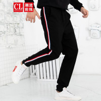 潮流前线2019秋装条纹撞色橡筋裤男修身显瘦运动风哈伦裤学生 黑色