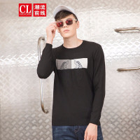 潮流前线2019秋装圆领时尚针织衫男撞色个性图形修身毛衣 黑色