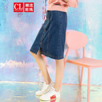 潮流前线2019秋装单排扣直筒牛仔裙女拼接简约时尚减龄甜美半身裙 牛仔蓝