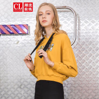 潮流前线2019秋装个性字母创意图案短款卫衣女连帽套头宽松百搭 金色