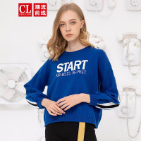 潮流前线2019秋装休闲宽松针织衫女圆领字母刺绣撞色针织毛衣女 蓝色