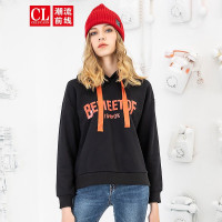 潮流前线2019秋装撞色字母印花卫衣女连帽宽松减龄厚T恤上衣女