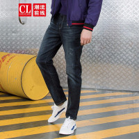 潮流前线2019秋装磨白耐磨牛仔裤男修身小脚时尚休闲弹力裤子 牛仔蓝