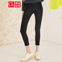 潮流前线2019秋装纯色橡筋长裤女单排扣高腰显瘦铅笔裤女装 黑色
