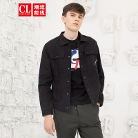 潮流前线2019秋装休闲纯色夹克外套男口袋工装服外套拼接个性百搭 黑色