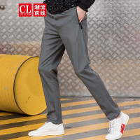 潮流前线2019秋装纯色薄款橡筋裤男修身小脚系带舒适百搭休闲裤 灰色