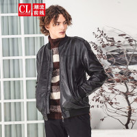 潮流前线2019冬装男款时尚帅气百搭黑色加绒修身棒球领仿皮皮衣 黑色