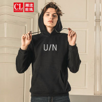 潮流前线2019冬装男款运动休闲百搭黑色字母印花修身加绒保暖卫衣 黑色