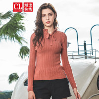 潮流前线2019冬装女款修身百搭纯色淑女甜美系带花边圆领针织衫女