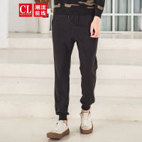 潮流前线2019冬装男款纯色运动简约系带修身小脚黑色橡筋裤小脚裤 黑色