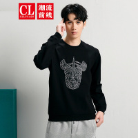 潮流前线2019冬装加绒卫衣男韩版圆领修身动物图案男士上衣潮 黑色