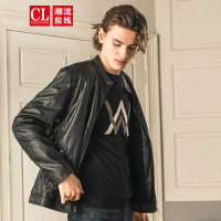 潮流前线2019冬装男款时尚个性简约纯色修身机车仿皮皮衣外套潮酷有型 黑色