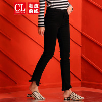 潮流前线2019年冬季女款时尚休闲不规则毛边脚口修身喇叭裤潮 黑色