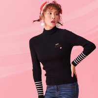 潮流前线2019年冬季女款修身条纹高领打底衫女生撞色针织衫潮