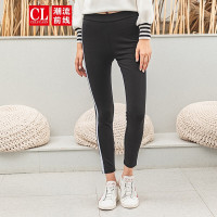潮流前线2019冬装女款简约百搭黑色显瘦打底裤侧条纹修身橡筋裤铅笔裤 黑色