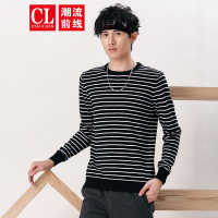 潮流前线2019冬季韩版条纹圆领针织衫男青少年学生男士毛衣潮 白色