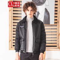 潮流前线2019冬装男款个性创意字母刺绣修身反领短款仿皮棉服外套 黑色