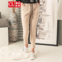 潮流前线2019冬装女款纯色百搭显瘦减龄橡筋裤宽松舒适系带哈伦裤
