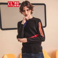 潮流前线2019冬装男款圆领色块绣花创意百搭黑色打底针织衫 黑色