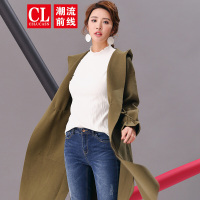 潮流前线2019冬季韩版连帽长款针织衫外套下摆开衩女青少年学生 军绿色