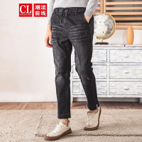 潮流前线2019冬装男款韩版休闲时尚洗水耐磨修身小脚橡筋牛仔裤弹力九分裤 黑色