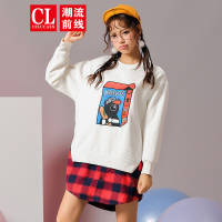 潮流前线2019年冬装女款刺绣卡通加绒卫衣不规则中长款假两件 白色