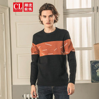 潮流前线2019冬装男款圆领修身保暖针织衫男拼接线条撞色学院风青春校园毛衣