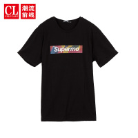 潮流前线2020夏季新款彩色字母印花短袖T恤韩版圆领休闲短袖衫男 黑色