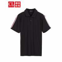 潮流前线2020夏季新款黑色简约条纹拼接商务休闲短袖POLO衫男 黑色