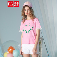 潮流前线夏季女款个性蕾丝边少女时尚字母印花短袖T恤女 玫红