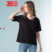 潮流前线夏季女款纯色休闲圆领字母印花镂空短袖T恤女