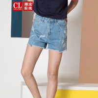潮流前线夏季女款个性刮丝毛边中腰修身牛仔短裤女热裤 牛仔蓝