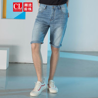 潮流前线夏季男款浅色水洗磨白时尚百搭牛仔短裤男五分裤青少年潮 牛仔蓝00