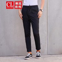 潮流前线年夏季男款纯色橡筋系带休闲裤修身小脚九分裤 黑色