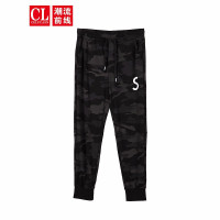 潮流前线2020夏季新款时尚个性军旅风迷彩束脚橡筋九分裤修身小脚运动裤 军绿色