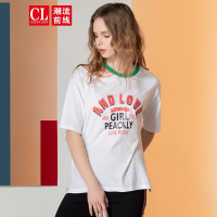 潮流前线夏季女款个性镂空英文字母撞色印花短袖T恤女 白色