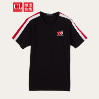 潮流前线2020夏季新款个性条纹人物漫画印花黑色圆领短袖T恤男 黑色