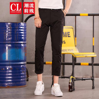潮流前线夏季男款纯色修身百搭商务修身小脚休闲九分裤男裤子 黑色