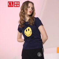 潮流前线夏季女款卡通笑脸字母印花图案纯棉短袖T恤女 宝蓝