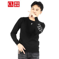 潮流前线2020秋季男款圆领字母印花黑色修身显瘦针织衫