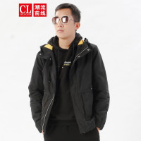 潮流前线2020秋季男款字母印花简约拼接防风保暖连帽风衣