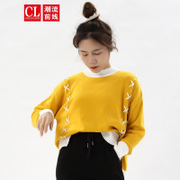 潮流前线2020秋季女款宽松前短后长绑带半高领针织衫