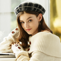 宏达HONDAR 秋冬女款韩式百搭格纹羊毛百搭蓓蕾帽贝雷帽 MZ025