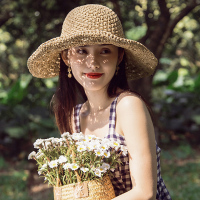 瑞苏薇(RASUV) 文艺简约镂空撞色蝶结编织草帽夏帽子女韩版潮遮阳百搭沙滩出游
