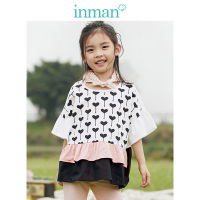 ①茵曼童装中大女童纯棉T恤夏季新款印花荷叶袖短T透气撞色上衣