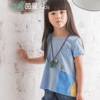 茵曼童装夏季中大女童短袖圆领拼接上衣口袋T恤