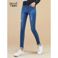 娅丽达女裤2018秋季新款破洞牛仔裤女显瘦紧身弹力铅笔小脚裤子潮H3113