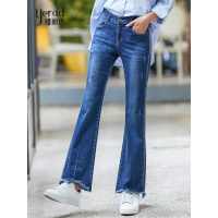 娅丽达女裤2018秋季新款破洞微喇叭牛仔裤女韩版显瘦毛边阔腿长裤H3138