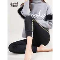 娅丽达女裤牛仔裤女2018冬季新款加厚加绒显瘦大码条纹紧身小脚裤H4776